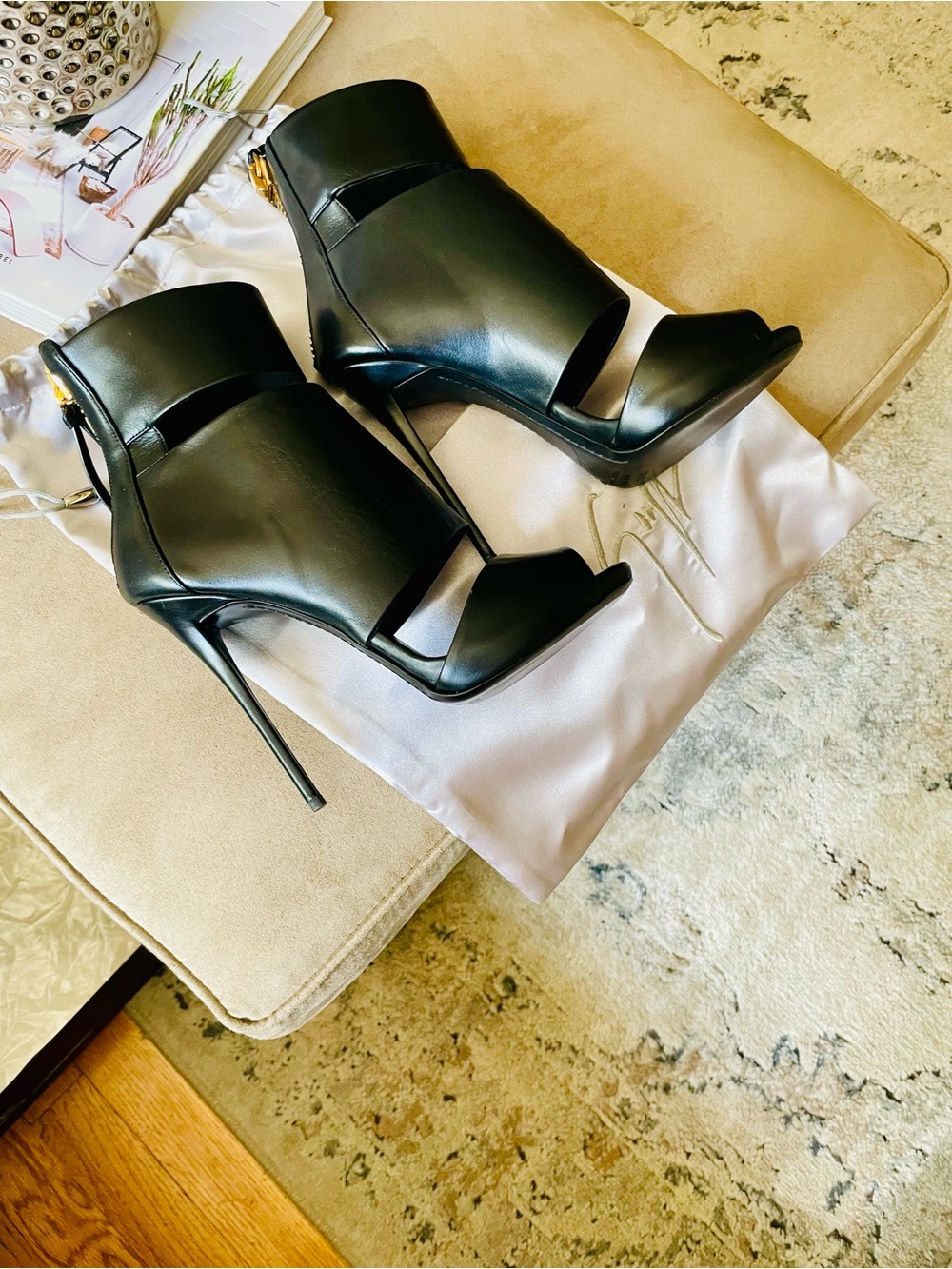 Giuseppe Zanotti Black Leather Peep-Toe Stiletto Ankle Boots